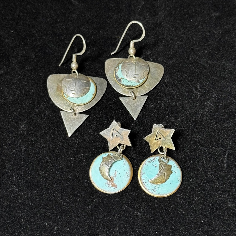 Vtg Carol Felley 925 Sterling Silver Moon Star Etched Dangle Earrings 2 Pair Lot